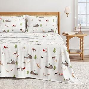 Great Bay Home Christmas Flannel Sheet Set Queen Size - 100% Turkish Cotton, Double-Brushed, Winter Bed Sheets - Ultra-Soft, Cozy, 4-Piece Holiday Bedding Set (Pups with Hats)