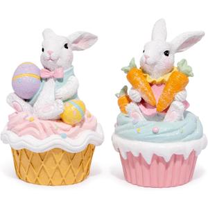 Hodao Easter Bunny Cupcake Figurines with Carrots and Eggs  Cute Spring Tabletop Decor for Easter Celebration, Decorations for Table Tiered Tray,Home, Office, Gifts (Set of 2 White)