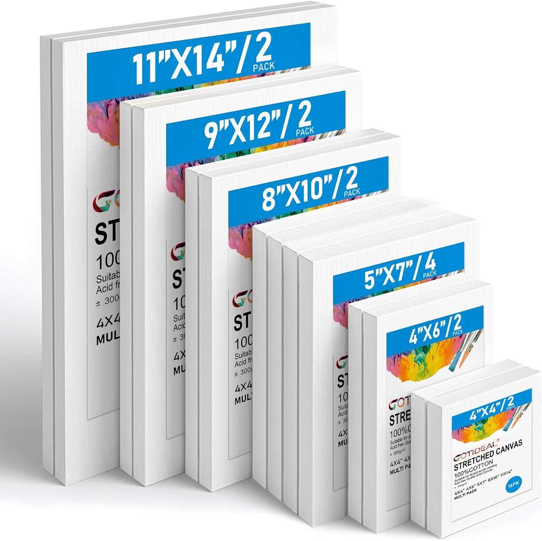 Gotideal Canvas for Painting, 14 Pcs Muti Pack Stretched Painting Canvas, Blank Paint Canvas for Acrylic, Oil, Art Supplies for Artists, Adults 4x4,4x6, 5x7, 8x10,9x12, 11x14 Set of 14 (White)