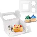 JCD 8 Packs Bento Cake and Cupcake Box 3 Holes Fit 2 Cupcakes and 1 Mini Cake Box with Clear Window and Stickers for Wedding Birthday Party Bakery Baking Supplies (1+2/8pcs)