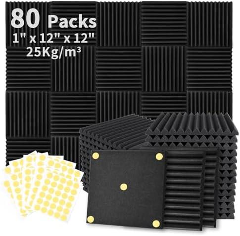 Focusound 80 Pack Acoustic Foam Panels 1" x 12" x 12" Sound Proof Foam Panles Soundproofing Noise Cancelling Wedge Panels for Home Office Recoding Studio with 420PCS Double-Side Adhesive