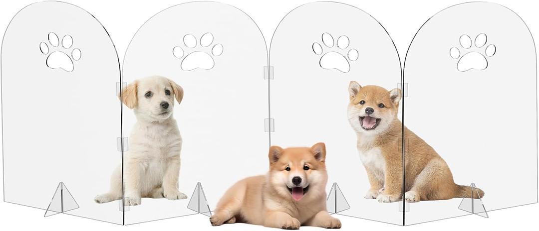 Acrylic Dog Gate Thickened Clear Pet Fence Foldable Freestanding Indoor Barrier for Puppies, Kittens (4 Panels - 80''W x 24''H)