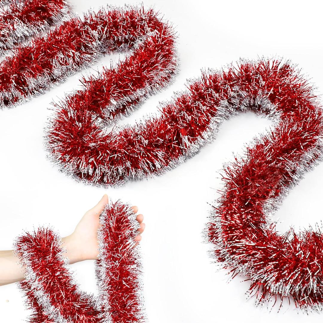 50FT Christmas Tinsel Garland Red Garland for Christmas Tree Decorations, Xmas Tinsel Garlands for Decoration Indoor Outdoor Party Supplies Holiday Decor (Red and Silver)