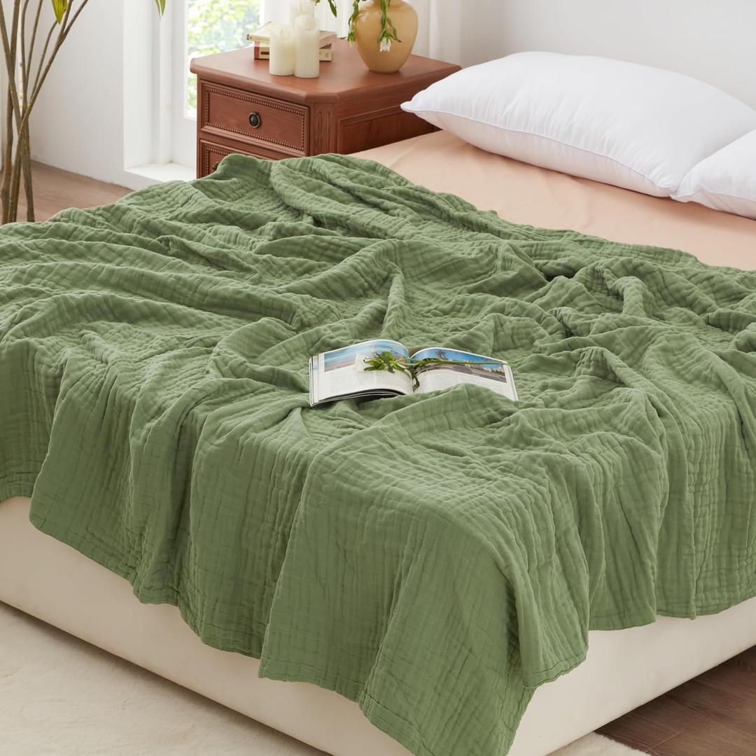 Love's cabin 6 Layer 100% Cotton Muslin Blanket, 90"x90" Muslin Blanket Queen for Couch Bed, Sage Green Queen Size Muslin Blanket, Cotton Gauze Blanket for Adult, Lightweight and Breathable Blanket