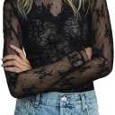 Sheer Mesh Long Sleeve Layering Top for Women Mock Neck Floral Lace Tshirt See Through Tee Shirt Blouse L