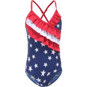 Girls One Piece Swimsuits Hawaiian Ruffle Swimwear Beach Bathing Suit American Flag Size 5
