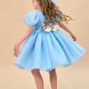 LalaMira Flower Girl Dress Organza Toddler Dresses Puff Sleeve & Bow Bcak Girls Princess Dress for Wedding Birthday Party Blue-12M