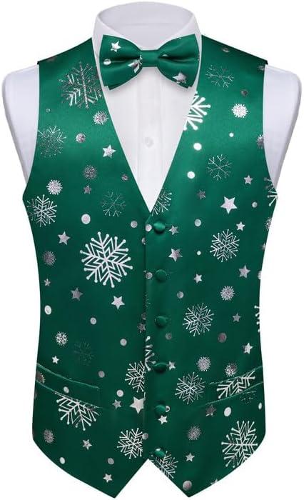 DiBanGu Mens Christmas Vest and Bow Tie Set Festival Christmas Snowflake Suit Vest for XmasNew Year Party Formal (3X-Large, Green Silver Snowflake)