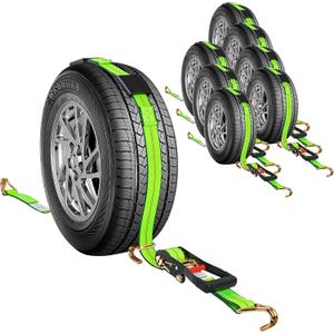2" x 10' Tire Tie Down Straps Over The Wheel Ratchet,8PCS,Heavy Duty Vehicle Tie Down Kit,Auto Hauler Straps for Trailer w/ 3 Wire J Hooks and Rubber Blocks,Wheel Strap for Hauling Cars