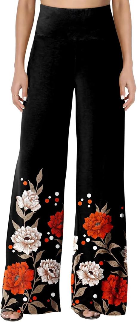JZC Women's Palazzo Lounge Pants Stretchy Wide Leg Casual Pants Comfy High Waist Flowy Trousers Floral Print 2XL