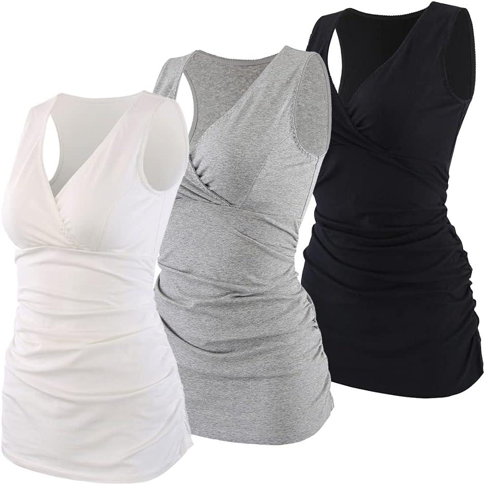 Women's Cotton V Neck Tank Top for Maternity and Nursing (Large, Black+grey+white)