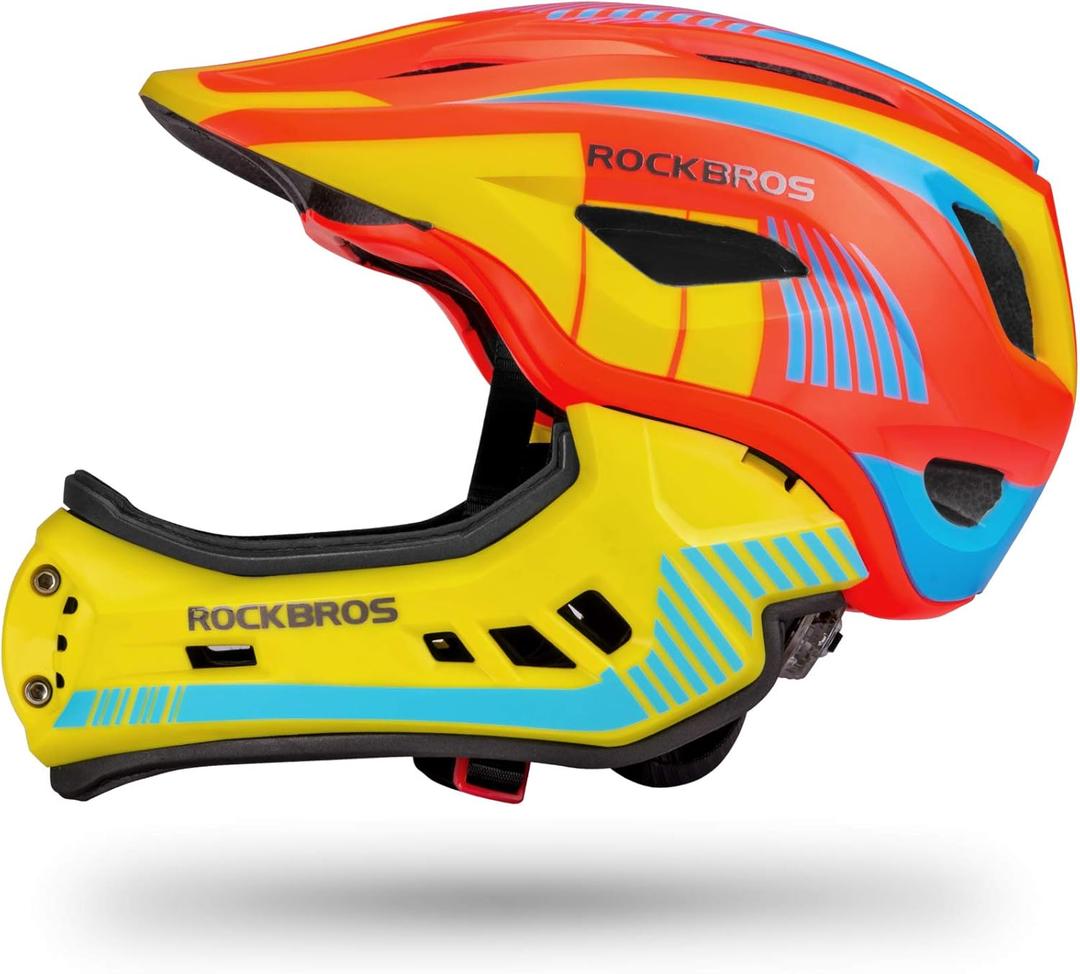 ROCKBROS Kids Full Face Helmet Kids Bike Helmets Lightweight Toddler Mountain Bike Helmet Detachable for MTB BMX Skating Cycling Scooter Safety Bicycle Helmets for Youth Child Boys Girls Ages 3-16 (S(19.3-22inch), Orange Yellow)