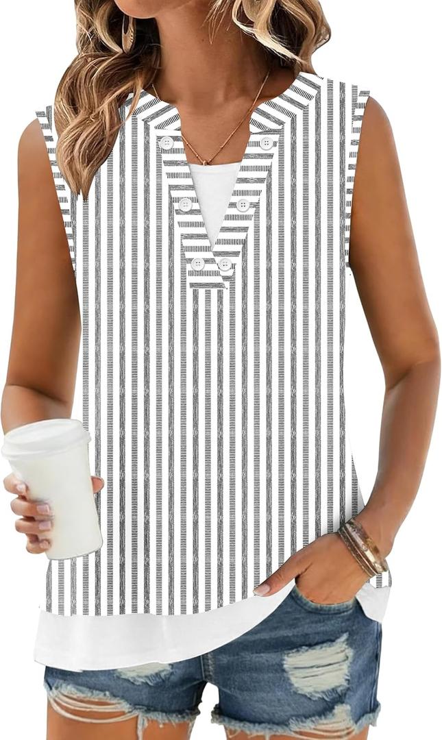 ETCYY Tank Tops for Women 2026 Spring Fashion Summer Button Down Shirts Loose Fit V Neck Sleeveless T-Shirt Tunic (Medium)