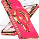 for Samsung Galaxy A16 5G Love Heart Kickstand Case with 2X Screen Protector: Luxury Plated Gold Edge Slim Soft TPU Shockproof Protection Case Cover for Galaxy A16 (Hot Pink)