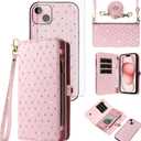 Phone Case for iPhone 15 6.1 inch Zipper Wallet Detachable Cell Cover with Screen Protector Crossbody Lanyard Strap Bling Glitter Flip Card Holder Slot i Phone15 i15 15Case Women Men Girls Pink