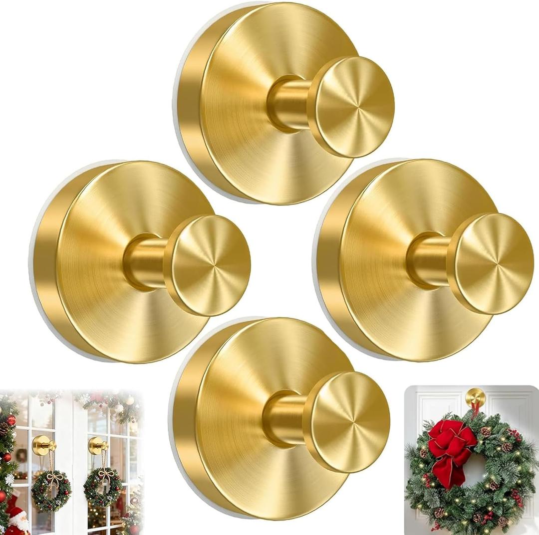 4 Pack Suction Cup Wreath Hanger, 2025 New No Drill Suction Cup Hooks for Door Wreaths, Reusable Holder for Glass Window, Door, Fall, Halloween, Christmas, Welcome Sign(Gold)