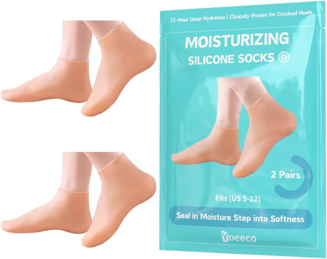 Reusable Silicone Socks for Dry Cracked Feet & Heels - Moisturizing Socks for Women and Men Fits Sizes US5-12 - Lotion Rubber Socks for Overnight Repair & Spa Treatment (Beige 2Pairs)