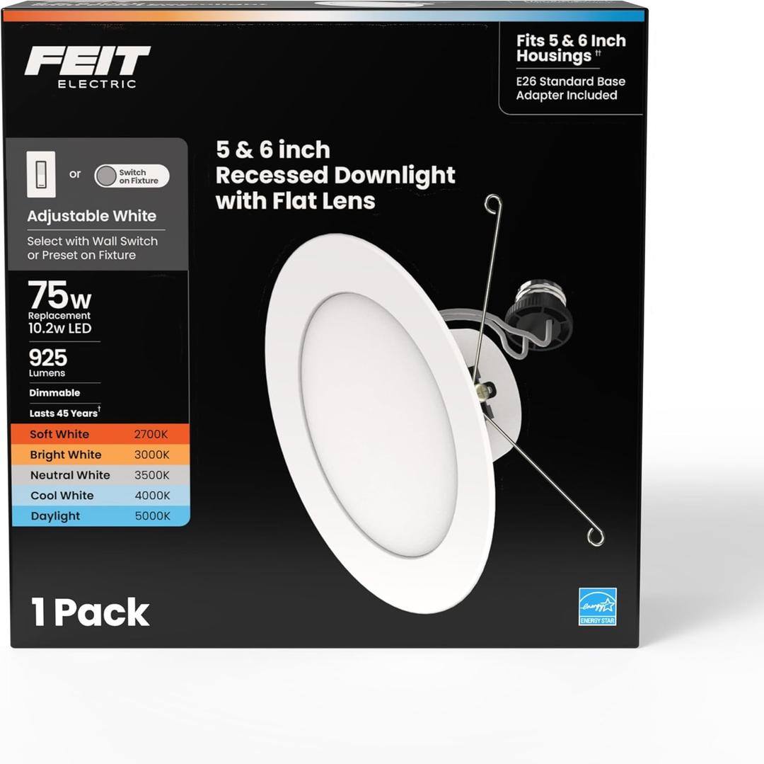 Feit Electric 6in LED Recessed Downlight, 75W Equivalent, Adjustable White 2700K5000K, Switch-Selectable Color Temperature, Dimmable, E26 Retrofit, 10.2W, 50,000-Hour Lifetime, LEDR56F/6WYCA
