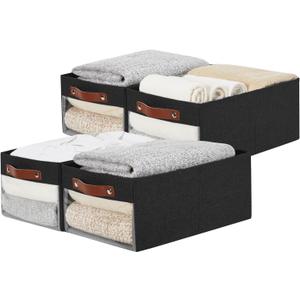 Medium Storage Baskets with Clear Window, See Through Closet Organizer with PU Handles, Linen Foldable Storage Bins for Organizing Clothes, Toys, Books (Black) (Medium-16"x11"x7")