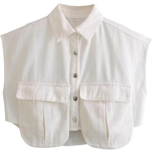 Perbai Womens Cropped Button Down Shirt Summer Collared Sleeveless Loose Denim Top with Pockets (Medium, White)