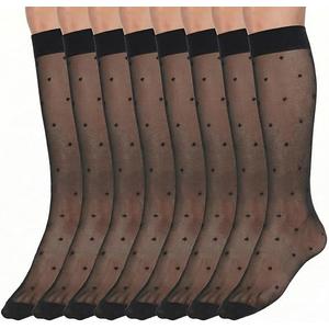 4 Pairs Women's Sheer Knee High Stockings, Black Dots Sheer Thin Sock Black Polka Dot Sock Sheers Tube Stockings with Anti-slip Dots Design Stretchy Breathable for Women