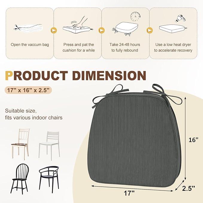 downluxe Chair Cushions for Dining Chairs, Waterproof Kitchen Chair Pads, Non-Slip Dining Seat Cushion with Ties, 17" x 16" x 2.5", Dark Grey, 2 PCS