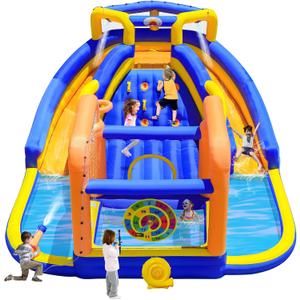 WELLFUNTIME Inflatable Water Slide, Bouncy Castle with Blower, 171 x 160 x 90 inches Bounce House with Climbing Wall, Archery Dartboard Game and Basketball Hoop, Jumping Area
