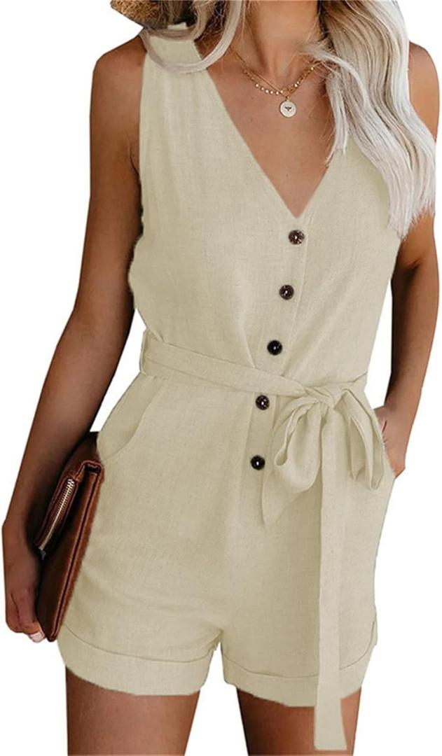 Womens Sleeveless Mini Romper Pocketed Casual V Neck Front Button Down Short Rompers, Lace-up Ruffle Shorts Jumpsuit
Size M