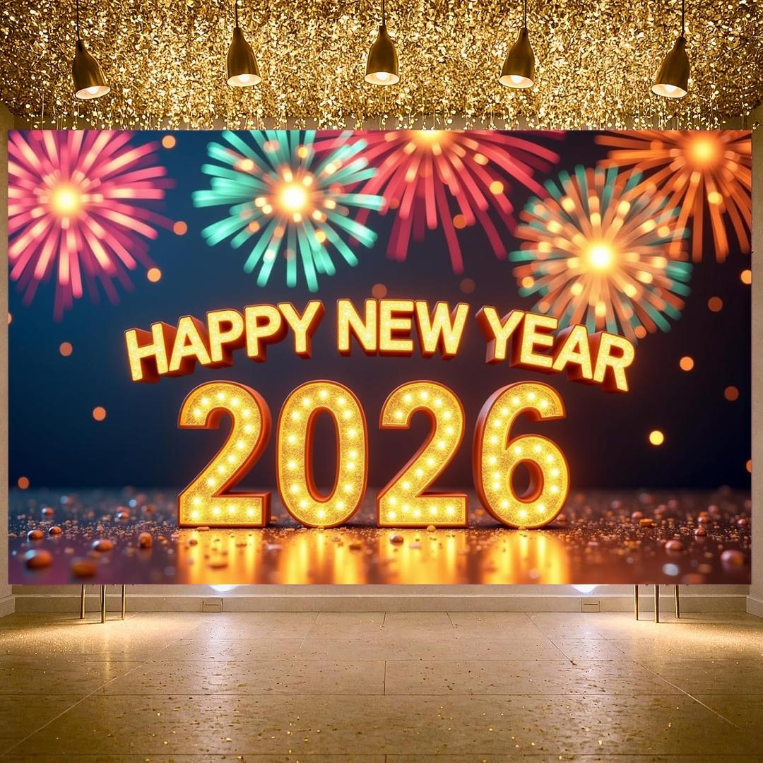 2026 Happy New Year Decorations Extra Large Colorful Fireworks 2026 New Year Banner Backdrop Photo Booth for Indoor Outdoor New Year's Eve Celebration 70.8 x 43.3 Inch