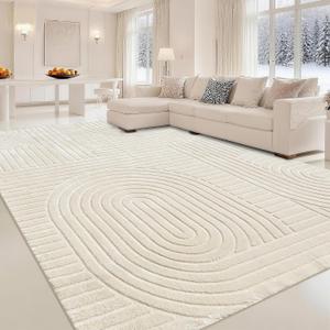 Beige Solid Area Rug 8x10 Large Washable Soft Indoor Rugs for Living Room Bedroom, Modern Geometric Bohemian Pattern High-Low Pile Textured Carpet for House Apartment, Home Office Decor