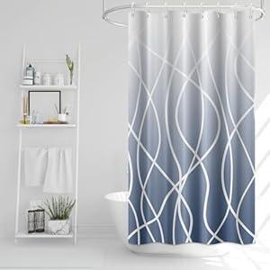 Uiiooazy Ombre Blue Striped Small Shower Curtain for Bathroom 48"x72", Geometric Stall RV Shower Curtain Set with Hooks 72 Inches Long Fabric Waterproof Hotel Bath Accessories Machine Washable