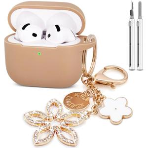 Compatible with AirPods 4 Case Cover, Silicone Protective Case for Airpod 4 with Bling Keychain, Case Cover for Apple AirPods 4th Generation Wireless Earbuds with Cleaner Kit (Milk Tea)