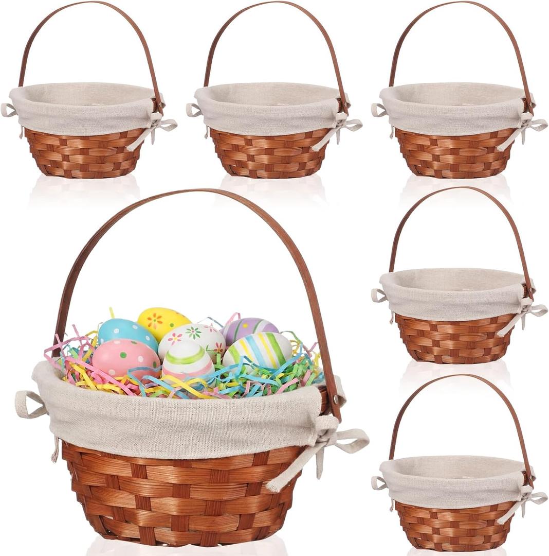 6 Pcs Woven Basket with Liner and Handle Bamboo Empty Gift Baskets for Fruit Candy Wine Picnic Gathering Wedding
