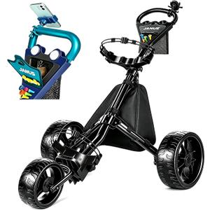 JANUS Pace Golf Push Cart with 360° Rotating Phone Holder, 3-Wheel Foldable Golf Cart with One-Click Folding, Wide EVA Wheels, Foot Brake, Adjustable Handle, Cooler Bag & Scorecard Console
