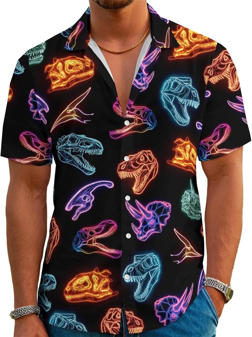 Funny Neon Hawaiian Shirt for Men Button Down Tropical Beach Aloha Shirt Summer Holiday Glow Party Outfits (X-Large, Dinosaur)