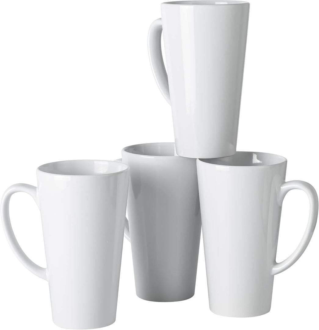 BYCNZB 16oz White Funnel Ceramic Tall Coffee Mugs for Coffee, Tea, Cocoa, Latte, Milk Set of 4