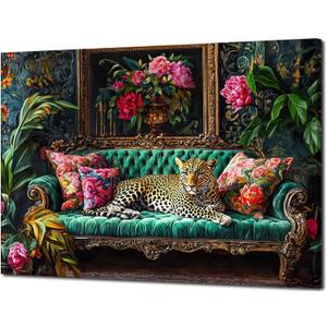 Cheetah Lying On Vintage Sofa Canvas Wall Art Eclectic Leopard Wall Decor Pictures Dopamine Animal Portrait Poster Prints for Living Room Home Bedroom Home Decoration 24x36in Ready to Hang