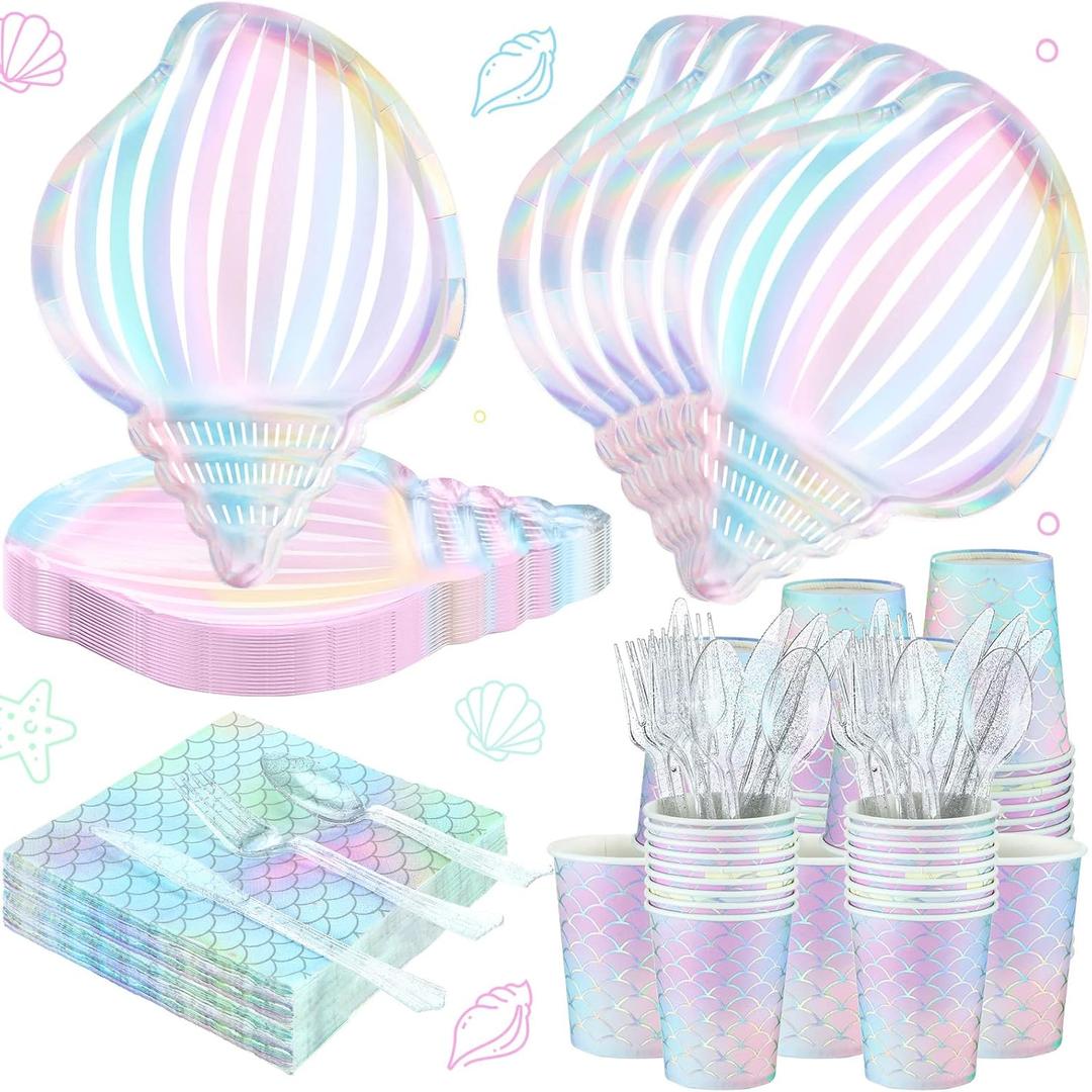 Cunhill 144 Pcs Mermaid Party Supplies Disposable Paper Tableware, Holographic Shell Plates Napkins Cups Spoons Fork Knives for Under The Sea Parties Baby Shower Birthday Party Decorations, Serve 24