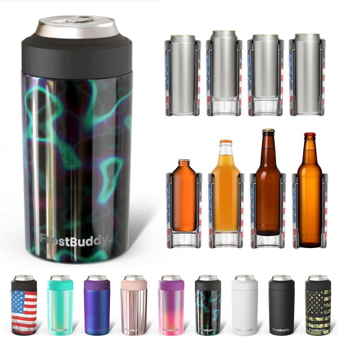 Frost Buddy Universal Buddy Can Cooler - Fits All - For Regular 12 & 16 oz or Slim-Size Bottles - Insulated Double-Walled Stainless Steel (Lights)