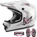XFMT Kids Dirt Bike Helmet Youth Motorcycle Helmet DOT-Certified Full Face Helmets for Motocross ATV Off-Road Street Bike with Goggles & Gloves, Pink Butterfly Small (White, S)