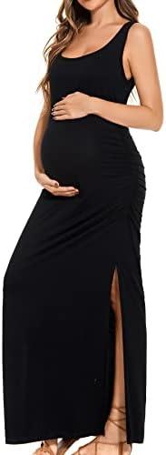 Smallshow Women's Split Long Maternity Dress Sleeveness Ruched Pregnancy Clothes Small