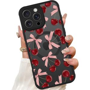 ZIYE Magnetic Case for iPhone 16 Pro 6.3 Inch [Compatible with MagSafe] Hard PC and Soft TPU Case with Cherry Pink Bows Anti-Scratch Shockproof Protection Phone Cover for Women
