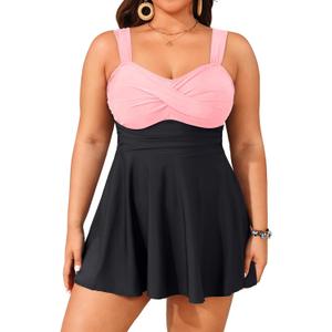 Aqua Eve Plus Size Two Piece Swimsuits for Women Tankini Bathing Suits Flowy Swim Dress with Shorts (Black and Pink)