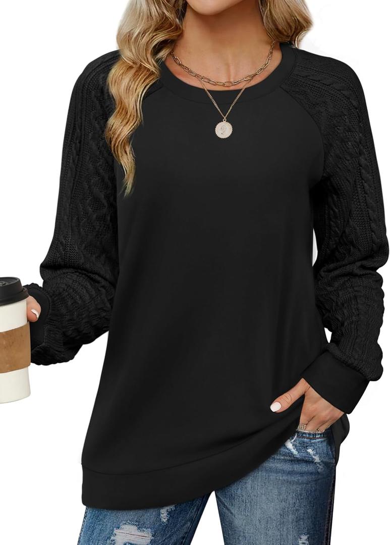 Saloogoe Sweatshirts for Women Crewneck Cable Knit Sleeve Sweaters Lightweight Fashion 2025 (Black, M)