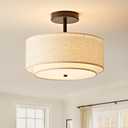 12.6'' Drum Semi Flush Mount Ceiling Light, 3-Light Fabric Linen Shade Design Farmhouse Black Light Fixture for Living Room, Bedroom, Kitchen, Dining Room, Entryway, Hallway