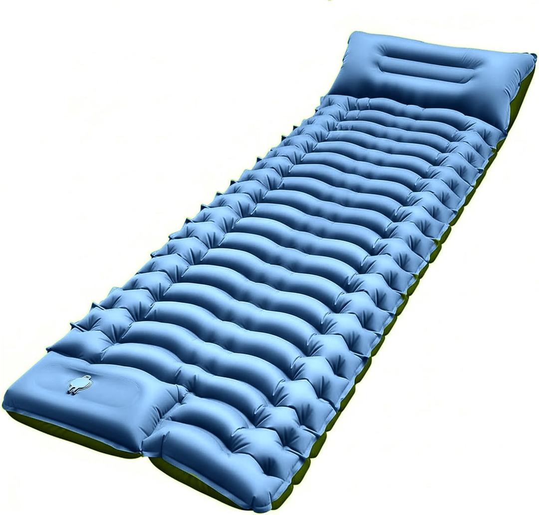 FUN PAC Camping Sleeping Pad,with Foot Pump and Pillow  Ultralight Compact Sleeping Mat for Backpacking, Hiking, Tent  Portable Single Inflatable Mattress for Outdoor (Light Blue + Green)