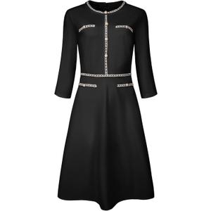 Hobemty Women's Church A-Line Work 3/4 Sleeve Tweed Midi Dresses (M)