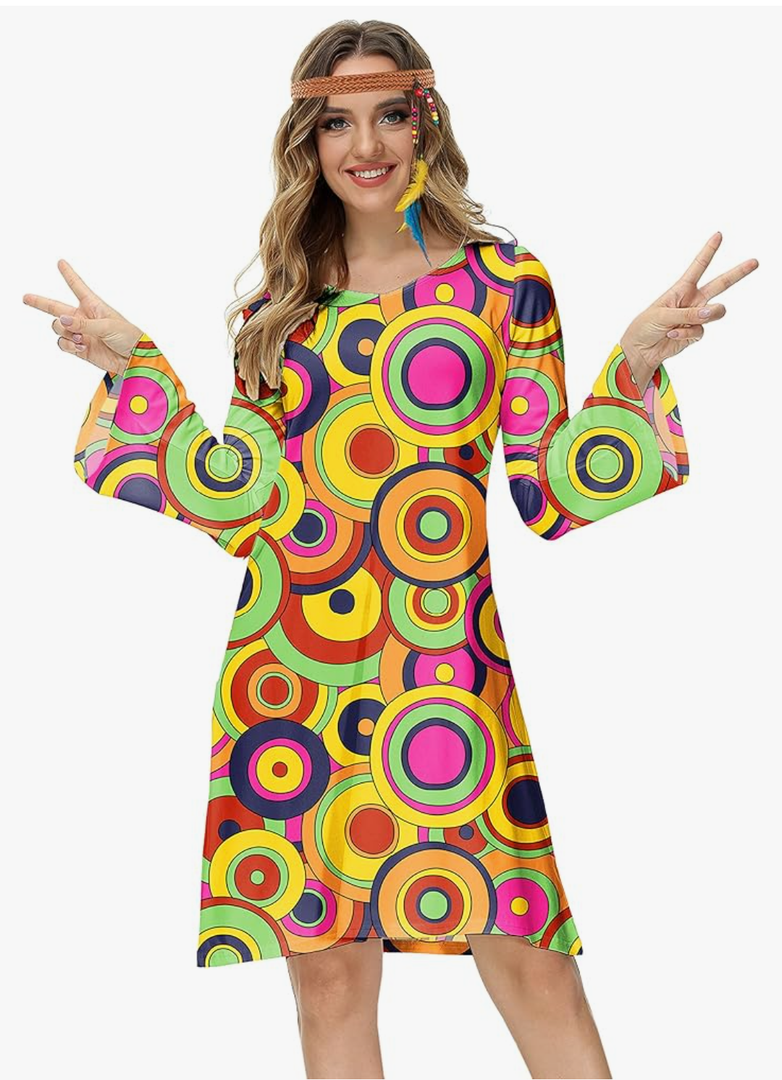 Deerose Women's 70s Hippie Costume Retro Go Go Groovy Dress, Size - L