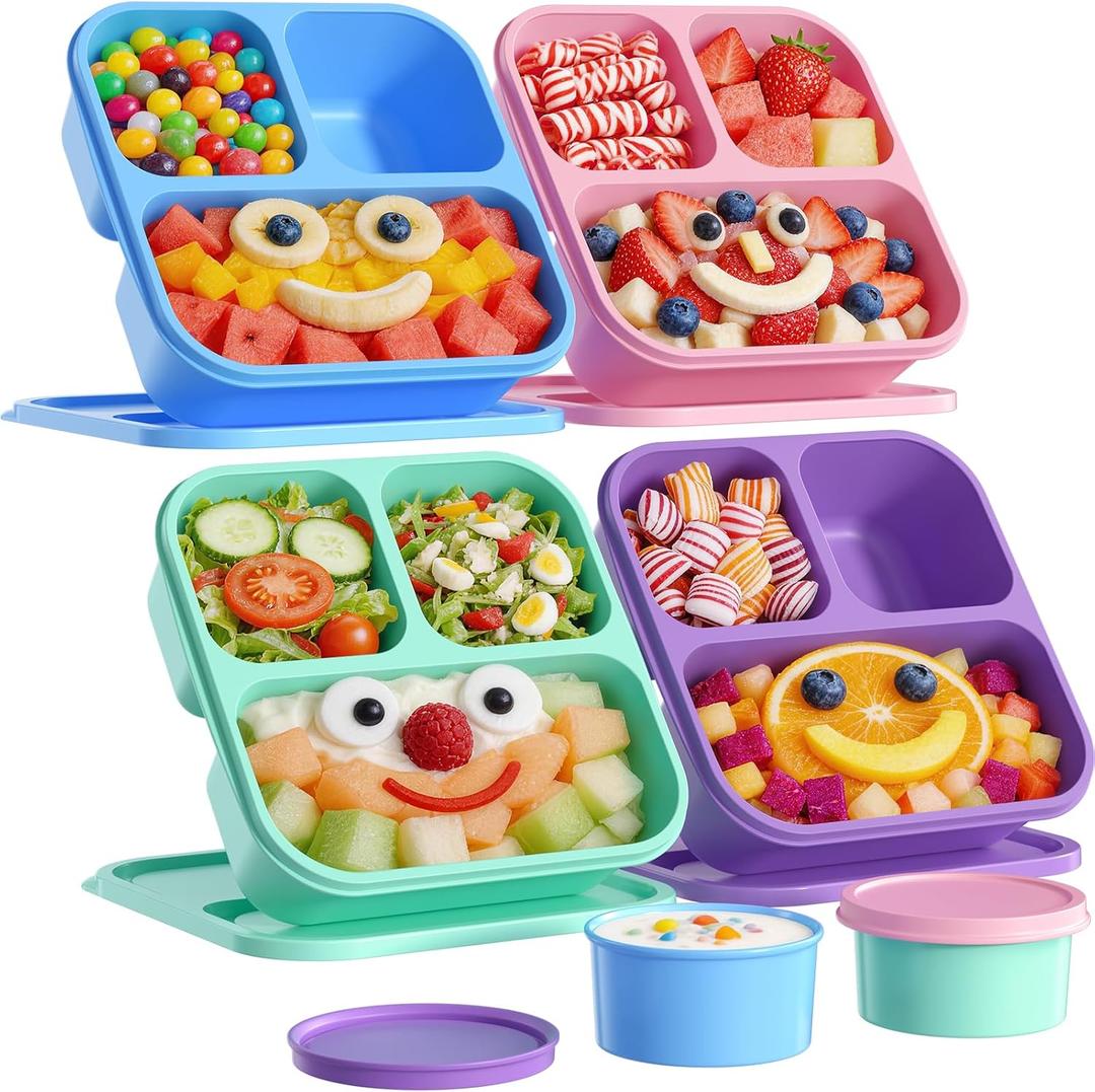 Canfanni 4 Pcs Bento Box Set, Reusable 3 Compartments Snack Boxes with 2 Leakproof Small Containers, Stackable Meal Prep Lunch Containers for School, Work, and Travel