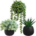 Winlyn Set of 3 Artificial Succulent Plants in Black Concrete Pots Faux Aloe Hops String of Pearls Potted Plants Small Fake Plants Desk Plants for Home Office Desk Kitchen Bathroom Shelf Windowsill